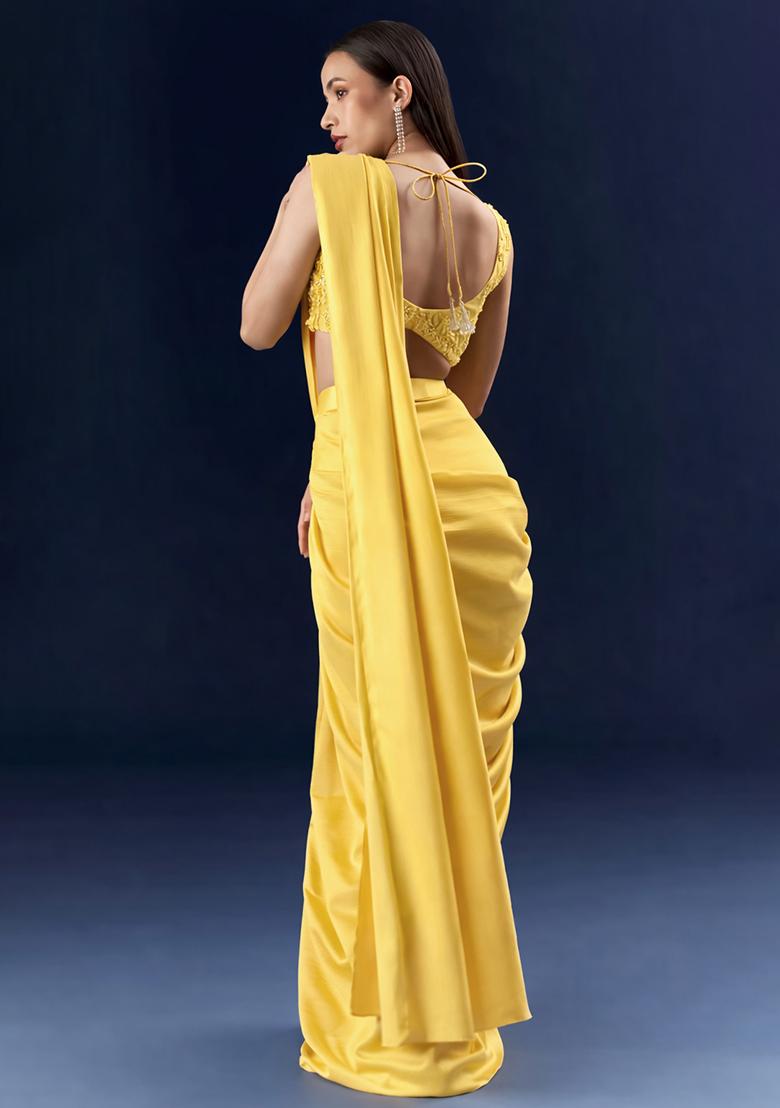 Yellow Embroidered Handwork  Pre Draped Saree Set - Indya