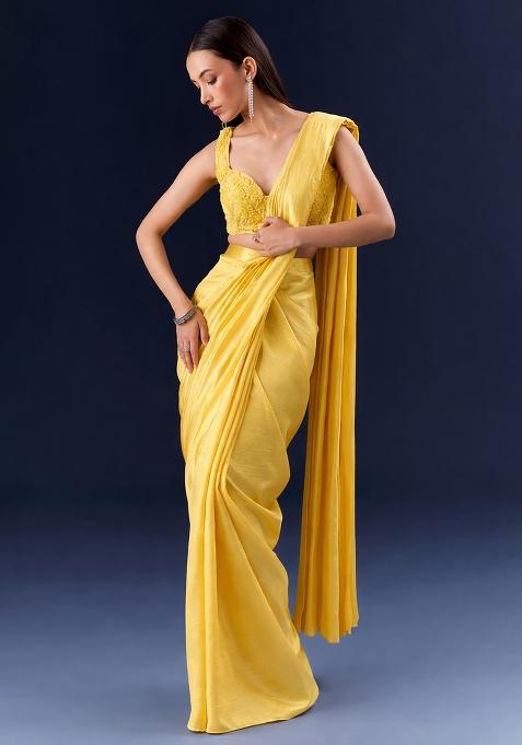 Yellow Embroidered Handwork  Pre Draped Saree Set