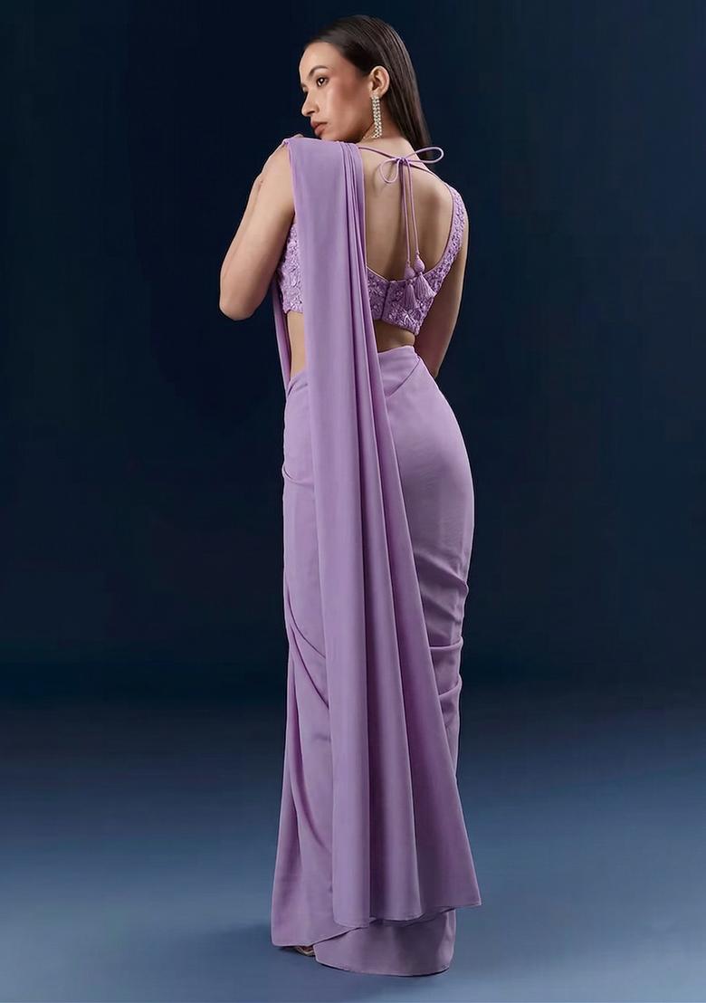 Lavender Embroidered Handwork Pre Draped Saree Set - Indya
