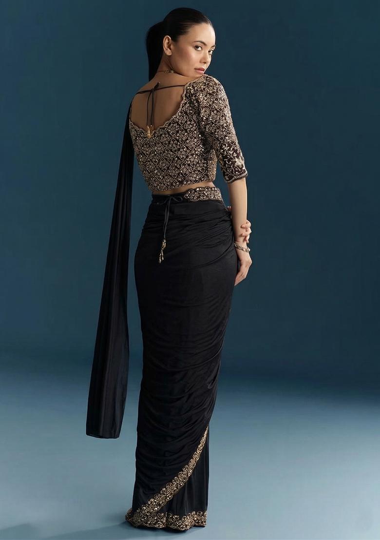 Jet Black Embroidered Handwork Pre Draped Saree Set - Indya