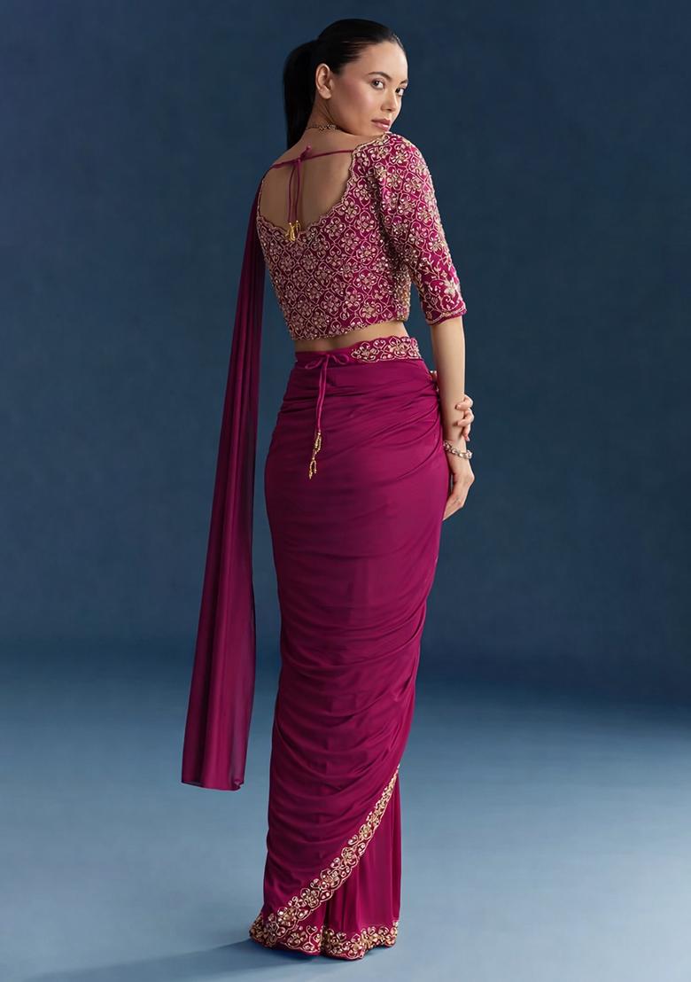 Pink Embroidered Handwork  Pre Draped Saree Set - Indya
