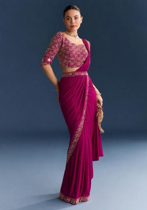 Pink Embroidered Handwork  Pre Draped Saree Set