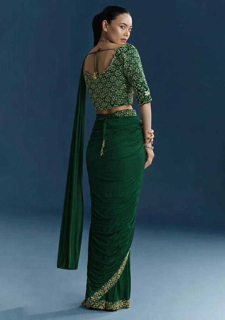 Emarald Green Embroidered Handwork  Pre Draped Saree Set - Indya