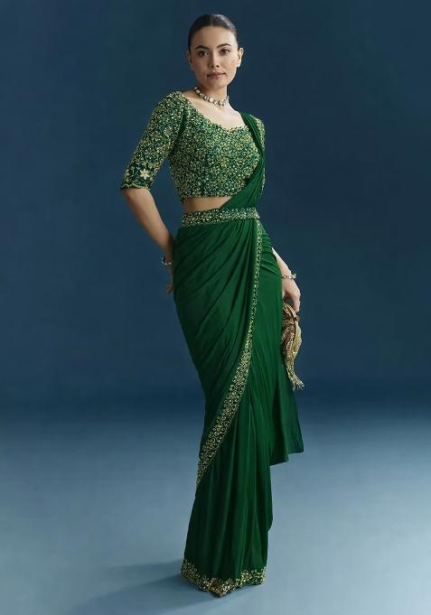 Emarald Green Embroidered Handwork  Pre Draped Saree Set