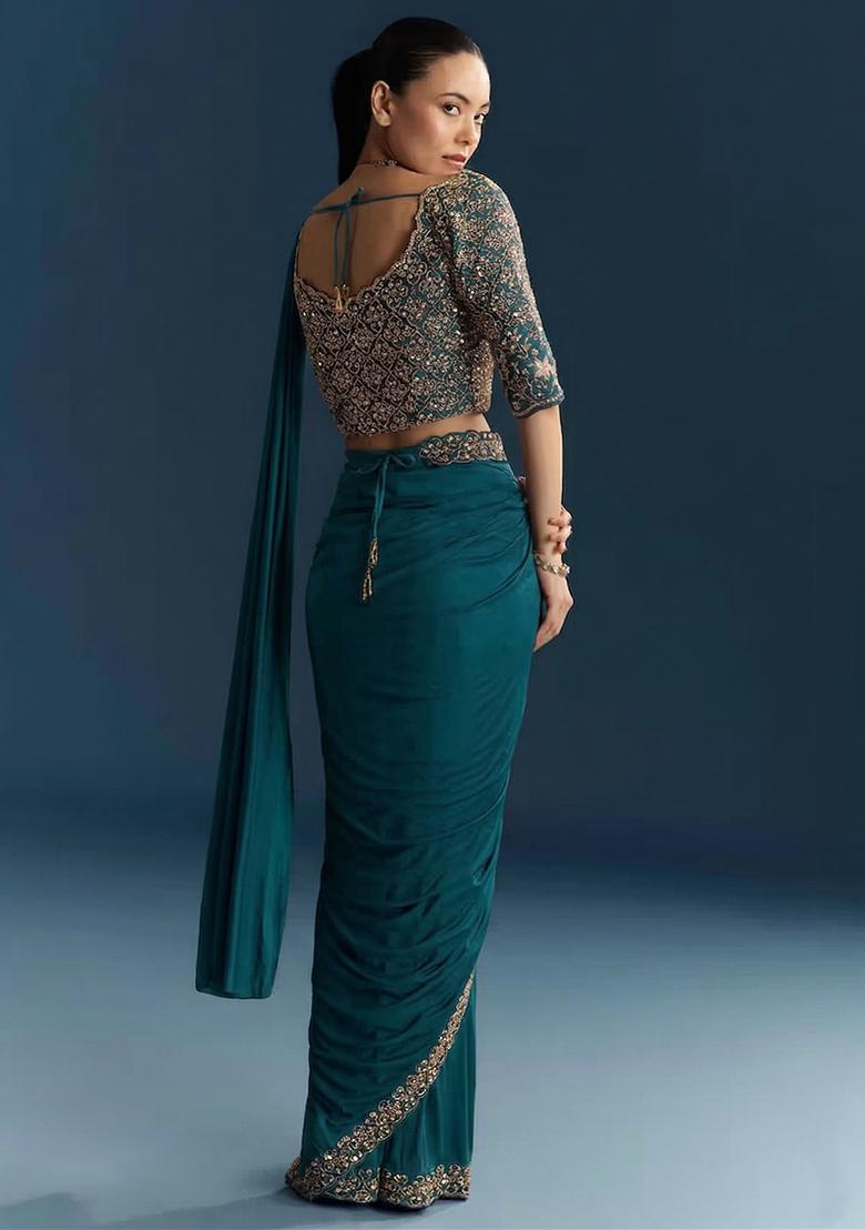 Teal Blue Embroidered Handwork Pre Draped Saree Set - Indya