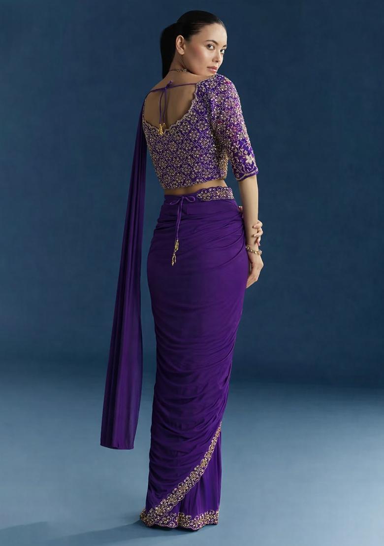 Purple Embroidered Handwork Pre Draped Saree Set - Indya