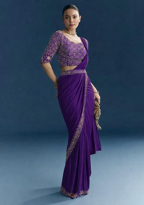 Purple  Embroidered Handwork  Pre Draped Saree Set