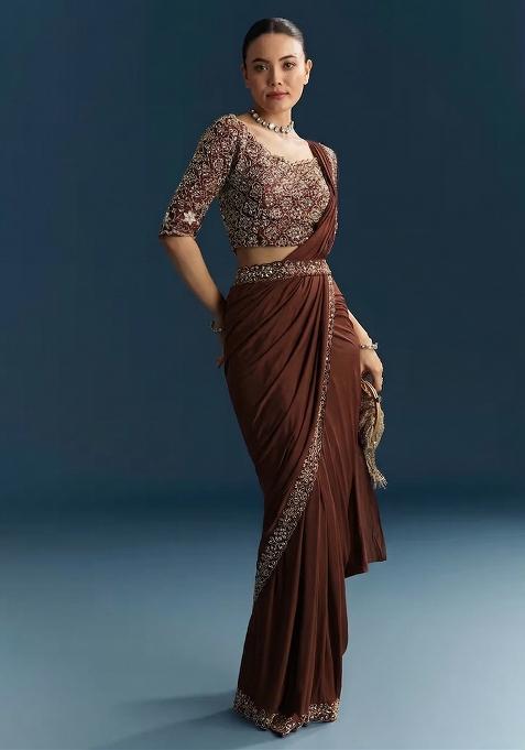 Brown Embroidered Handwork  Pre Draped Saree Set