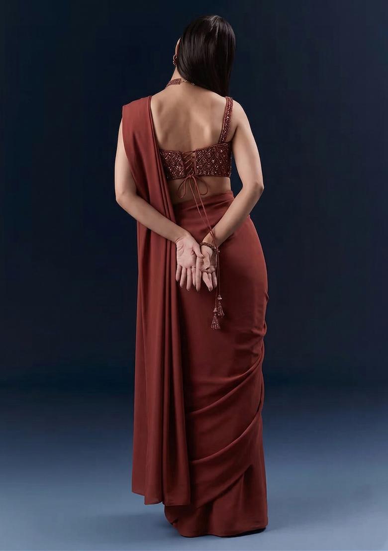 Rust Brown Embroidered Handwork Pre Draped Saree Set - Indya