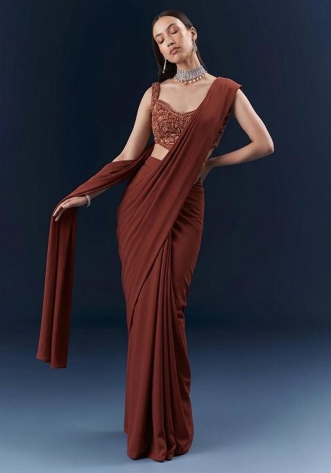 Rust Brown Embroidered Handwork  Pre Draped Saree Set