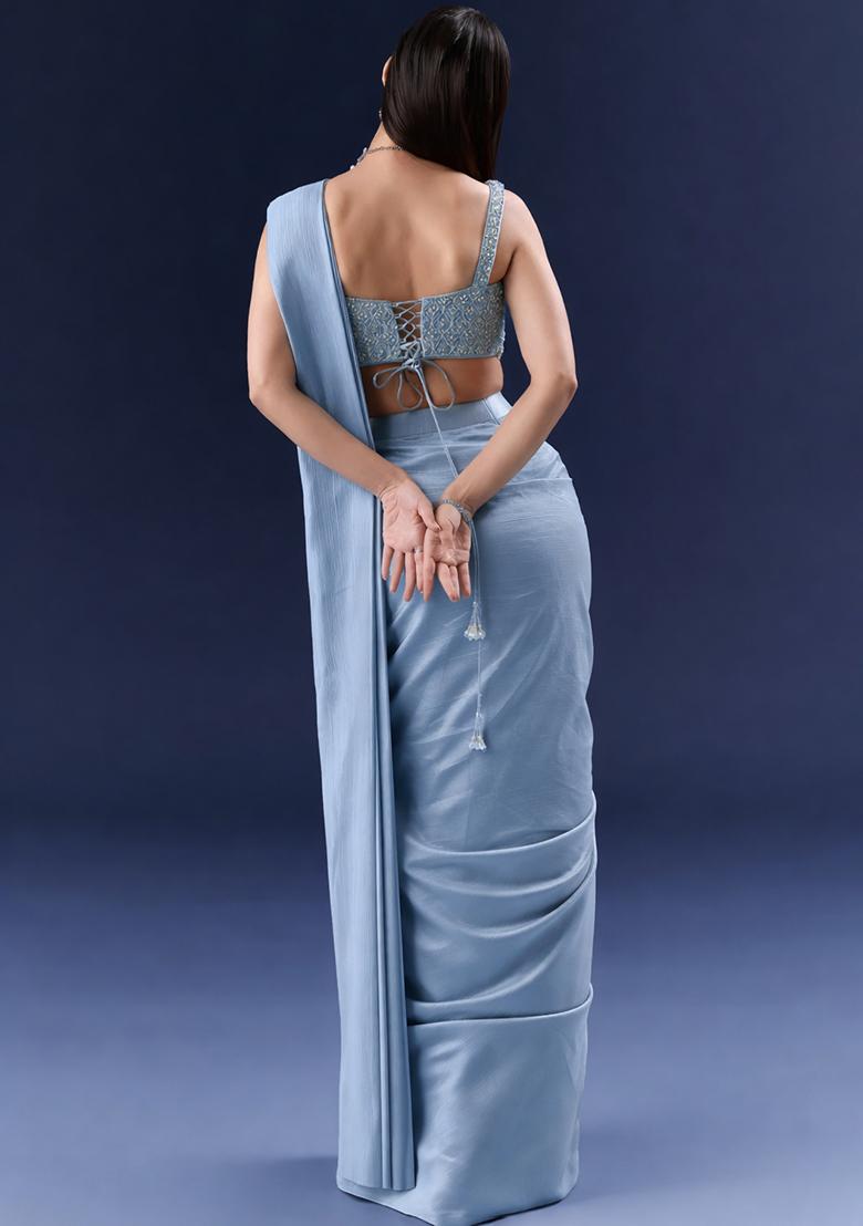 Blue Embroidered Handwork Pre Draped Saree Set - Indya