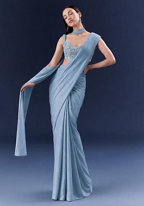 Blue Embroidered Handwork  Pre Draped Saree Set