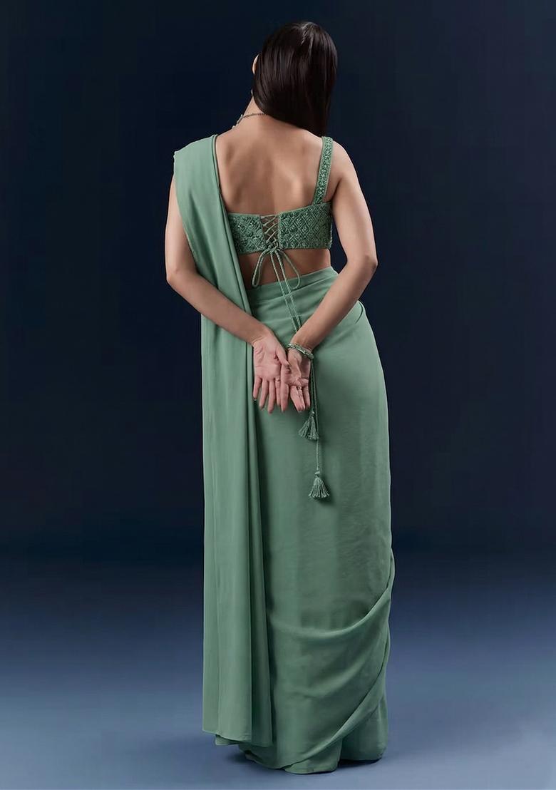 Sage Green Embroidered Handwork Pre Draped Saree Set - Indya
