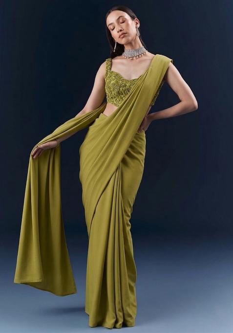 Olive Green Embroidered Handwork  Pre Draped Saree Set