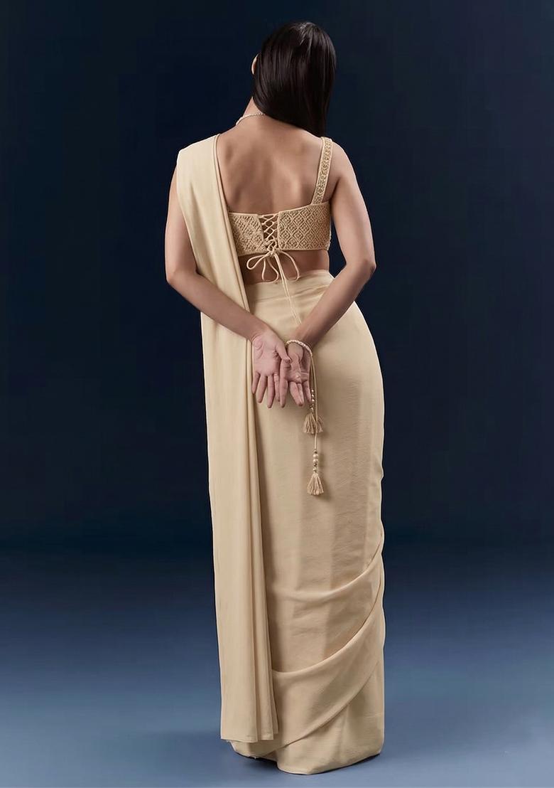 Beige Embroidered Handwork  Pre Draped Saree Set - Indya
