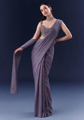 Purple  Embroidered Handwork  Pre Draped Saree Set