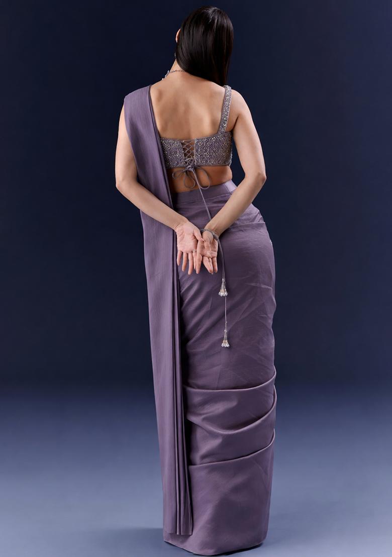 Purple Embroidered Handwork Pre Draped Saree Set - Indya