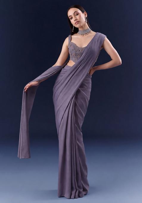 Purple  Embroidered Handwork  Pre Draped Saree Set