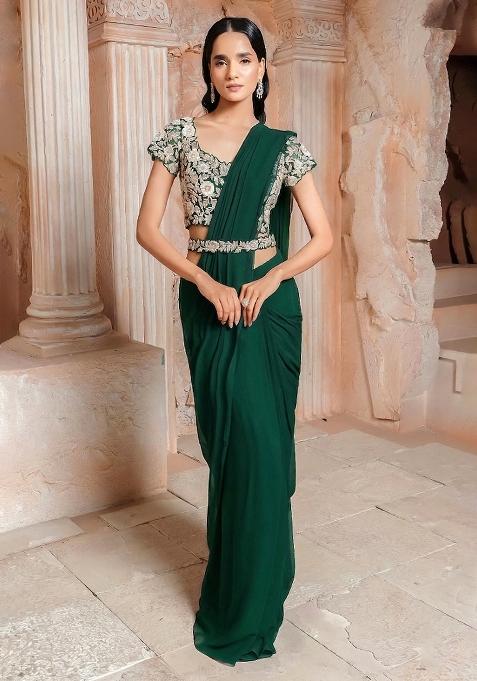 Bottle Green Embroidered Handwork  Pre Draped Saree Set