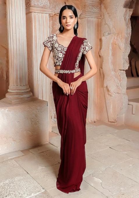 Red Embroidered Handwork  Pre Draped Saree Set