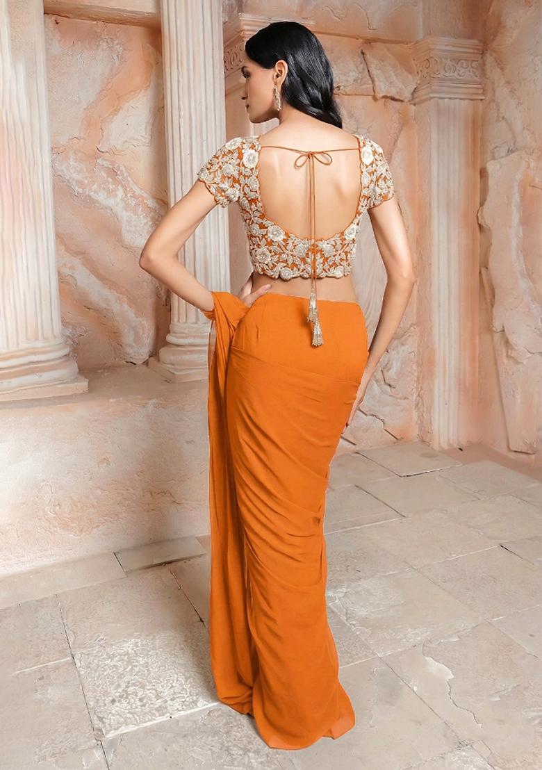 Orange Embroidered Handwork Pre Draped Saree Set - Indya