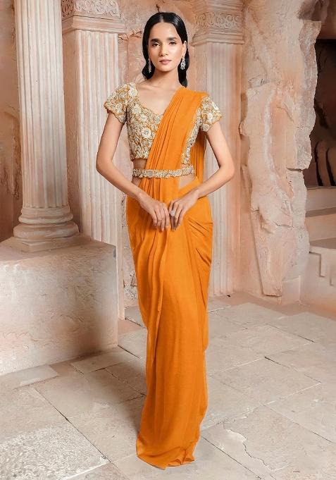 Orange Embroidered Handwork  Pre Draped Saree Set