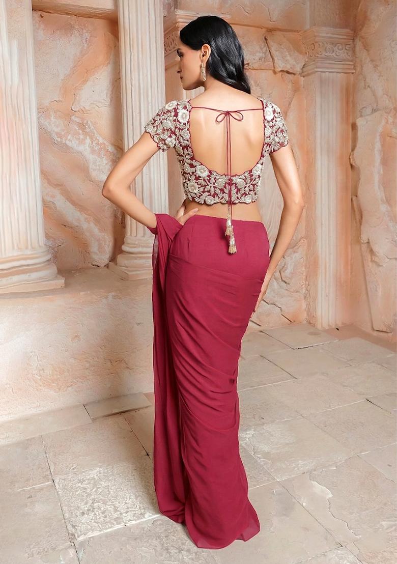 Pink Embroidered Handwork Pre Draped Saree Set - Indya