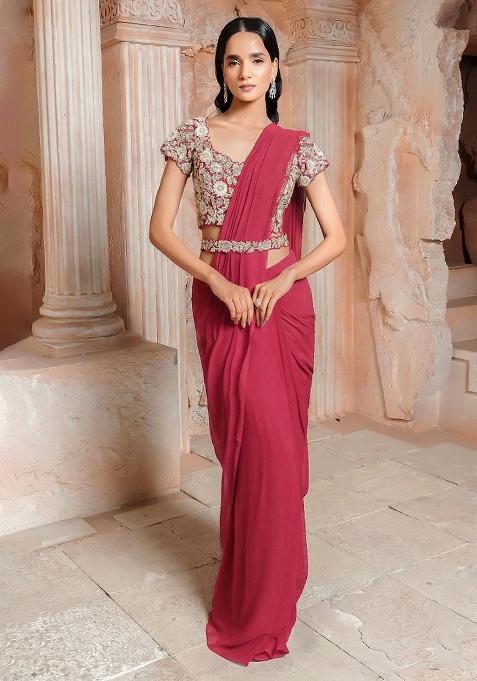 Pink Embroidered Handwork  Pre Draped Saree Set