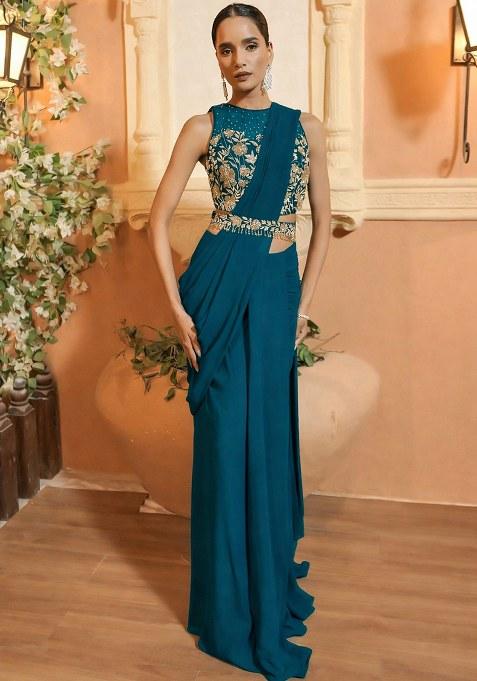Teal Green Embroidered Handwork  Pre Draped Saree Set