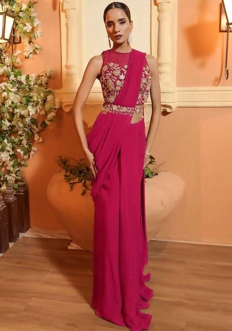 Magenta  Embroidered Handwork  Pre Draped Saree Set