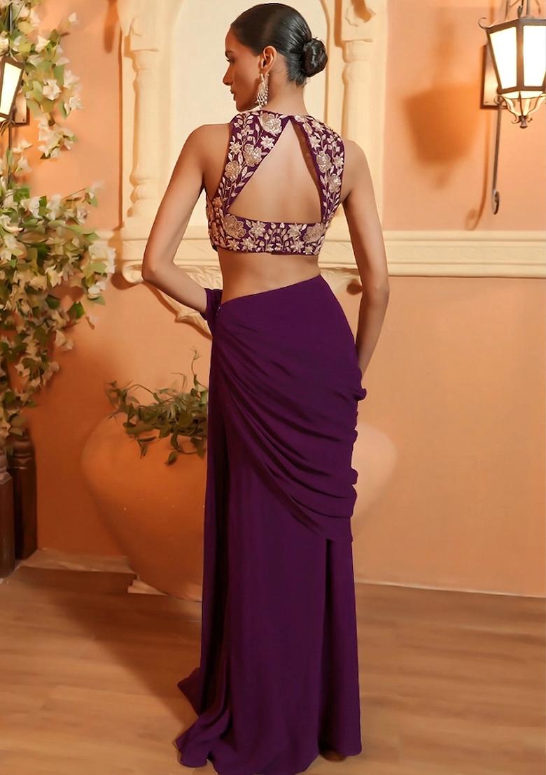 Purple Embroidered Handwork Pre Draped Saree Set - Indya