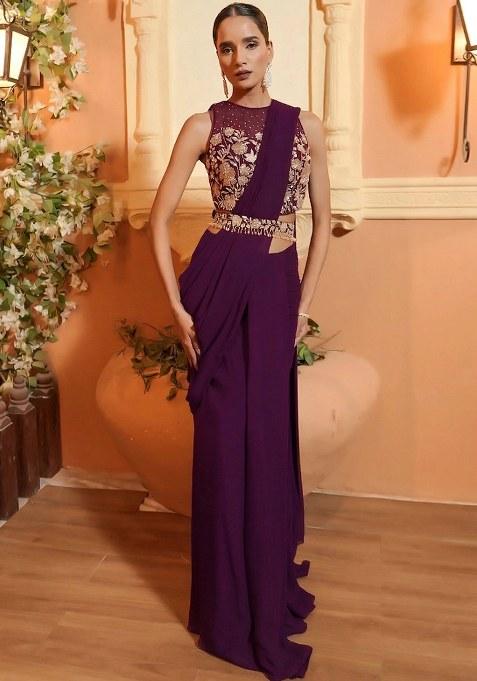 Purple  Embroidered Handwork  Pre Draped Saree Set