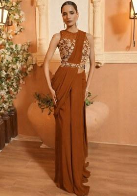 Brown Embroidered Handwork  Pre Draped Saree Set