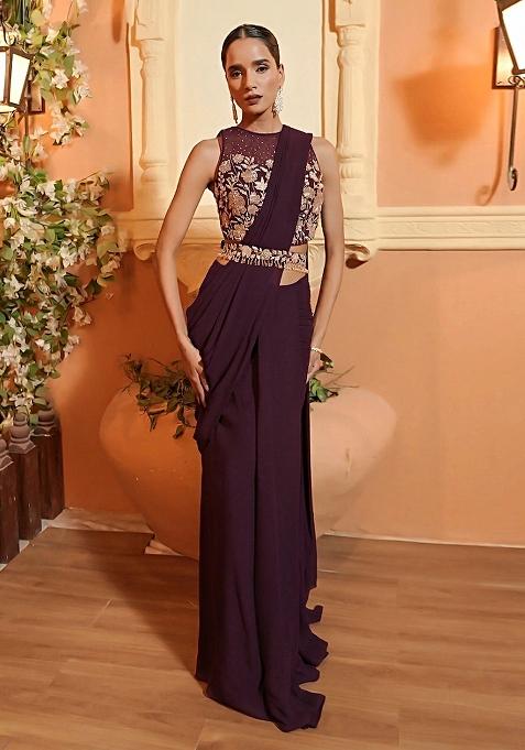 Deep Wine Embroidered Handwork  Pre Draped Saree Set