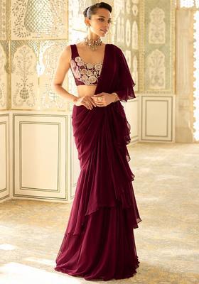 Wine Red Embroidered Handwork  Pre Draped Saree Set