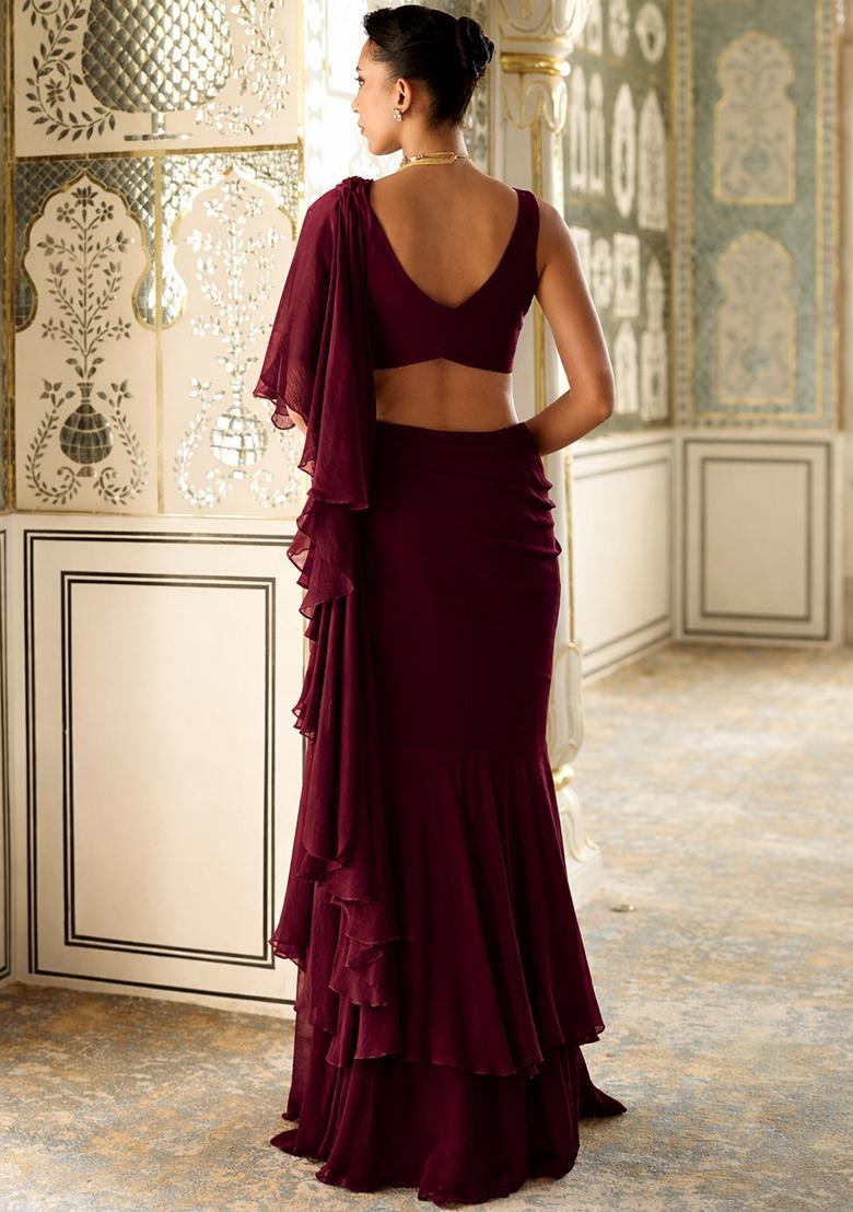 Wine Red Embroidered Handwork Pre Draped Saree Set - Indya