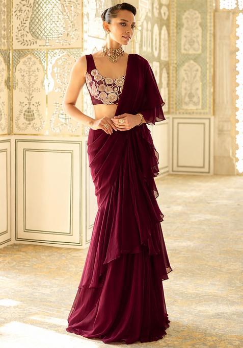 Wine Red Embroidered Handwork  Pre Draped Saree Set
