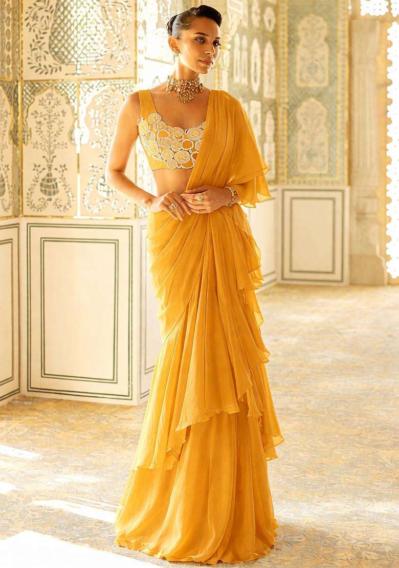 Yellow Embroidered Handwork Pre Draped Saree Set - Indya