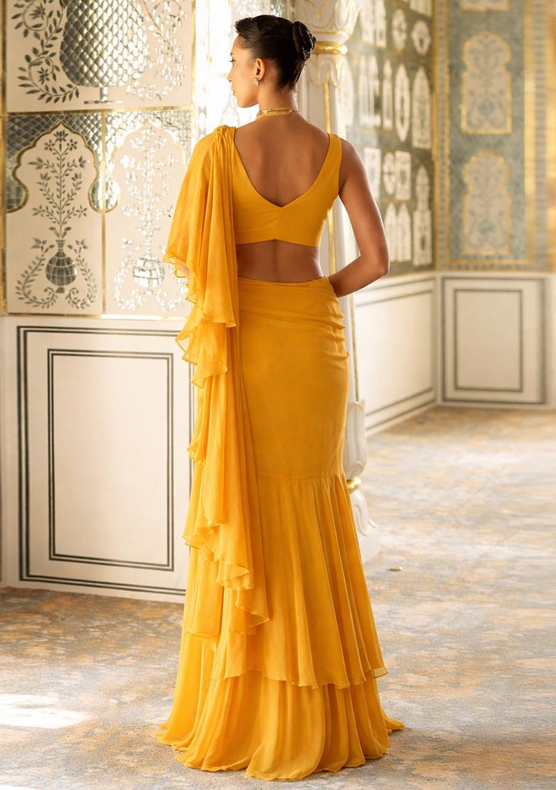 Yellow Embroidered Handwork Pre Draped Saree Set - Indya
