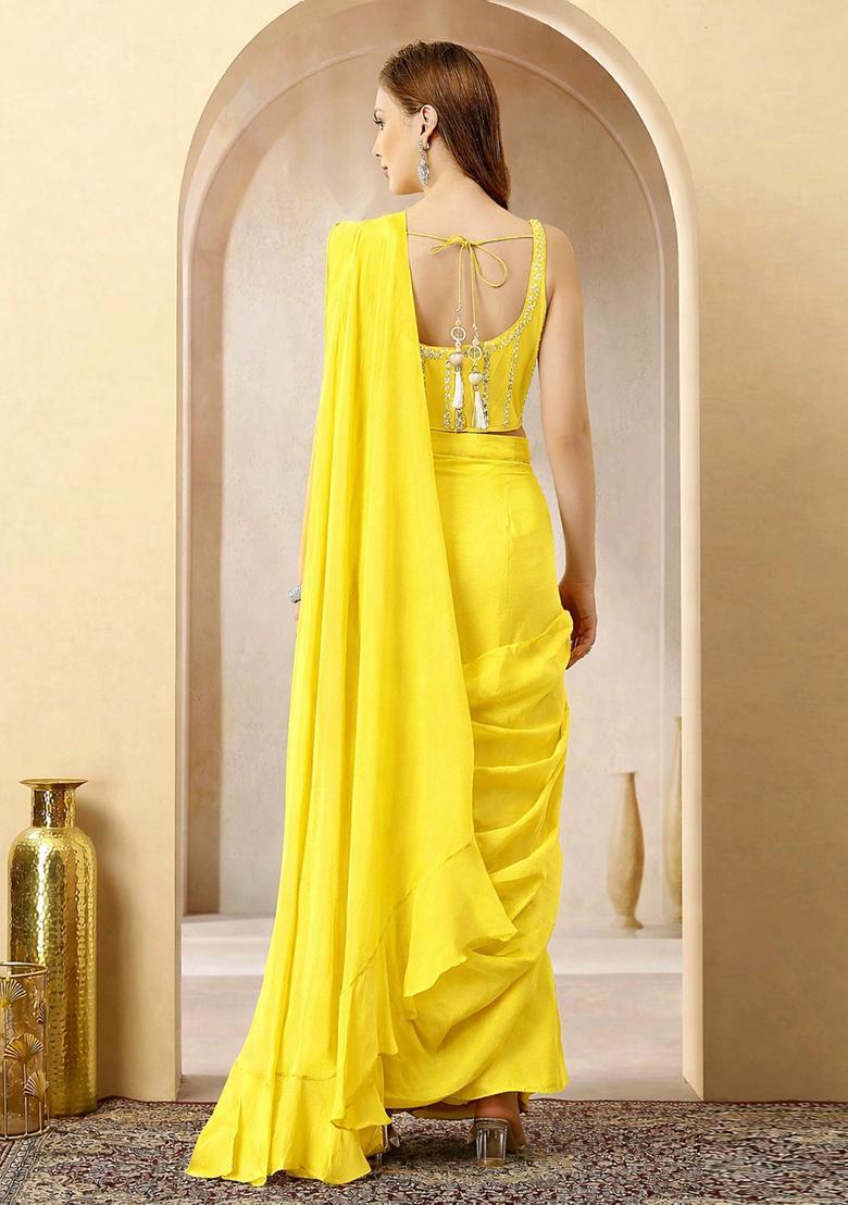 Yellow Sequin Handwork  Pre Draped Saree Set - Indya