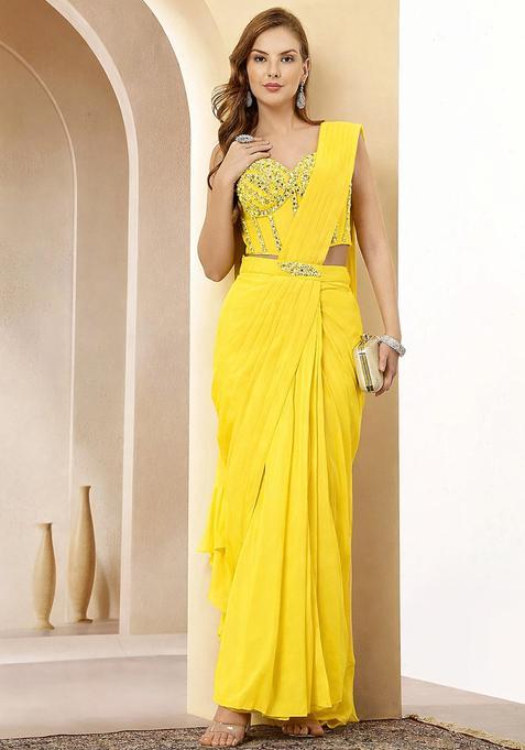 Yellow Sequin Handwork  Pre Draped Saree Set