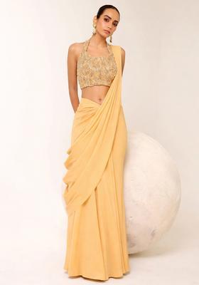 Pastel Yellow Embroidered Handwork  Pre Draped Saree Set