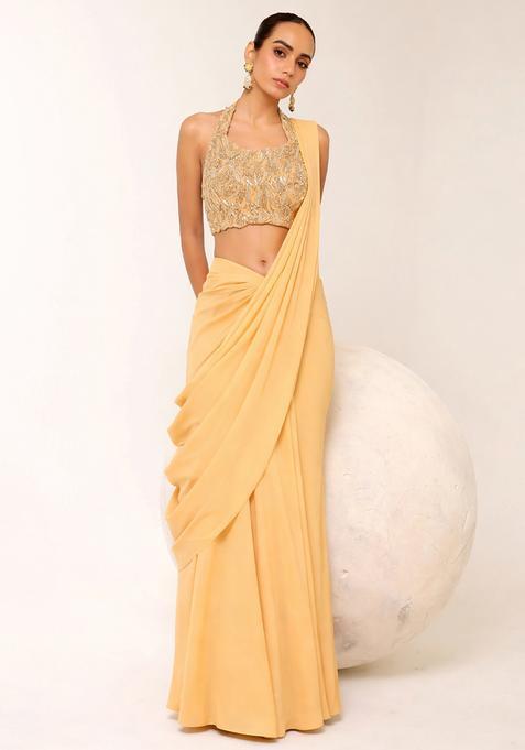 Pastel Yellow Embroidered Handwork  Pre Draped Saree Set