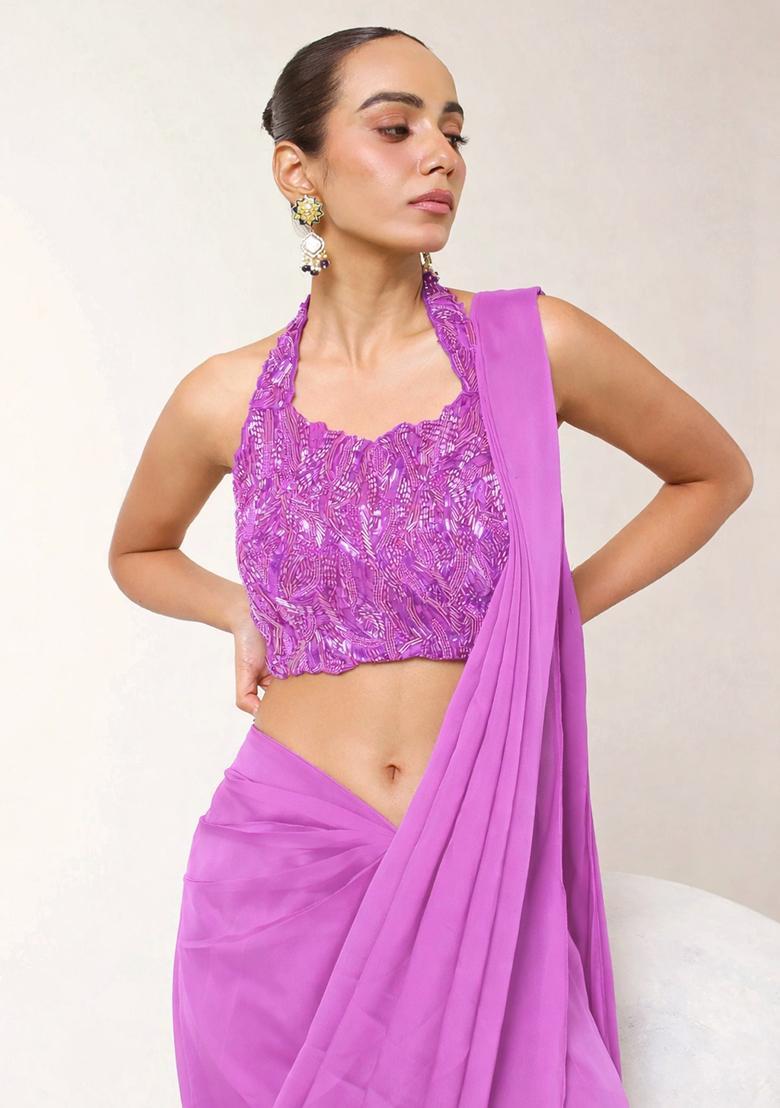 Lavender Embroidered Handwork Pre Draped Saree Set - Indya