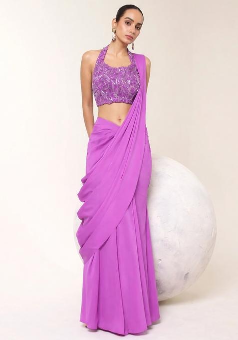 Lavender Embroidered Handwork  Pre Draped Saree Set