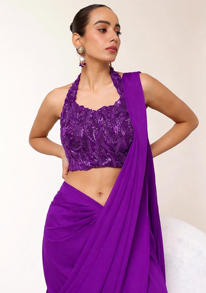 Purple Embroidered Handwork Pre Draped Saree Set - Indya
