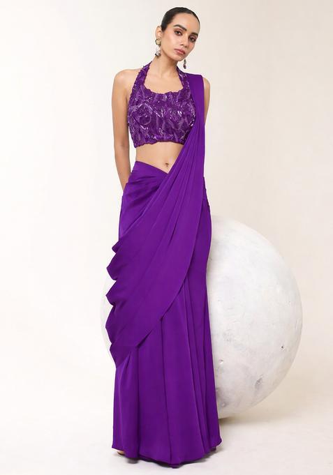 Purple Embroidered Handwork  Pre Draped Saree Set