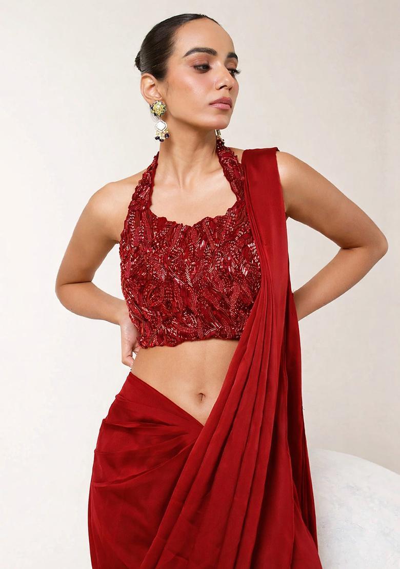 Red Embroidered Handwork  Pre Draped Saree Set - Indya
