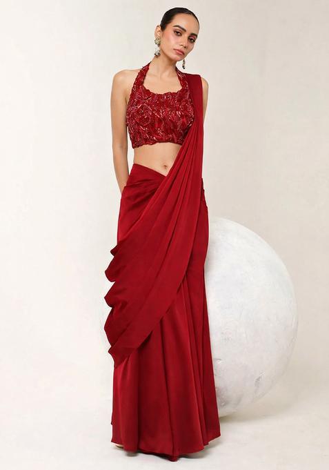 Red Embroidered Handwork  Pre Draped Saree Set