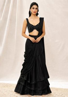 Jet Black Sequin Handwork  Pre Draped Saree Set